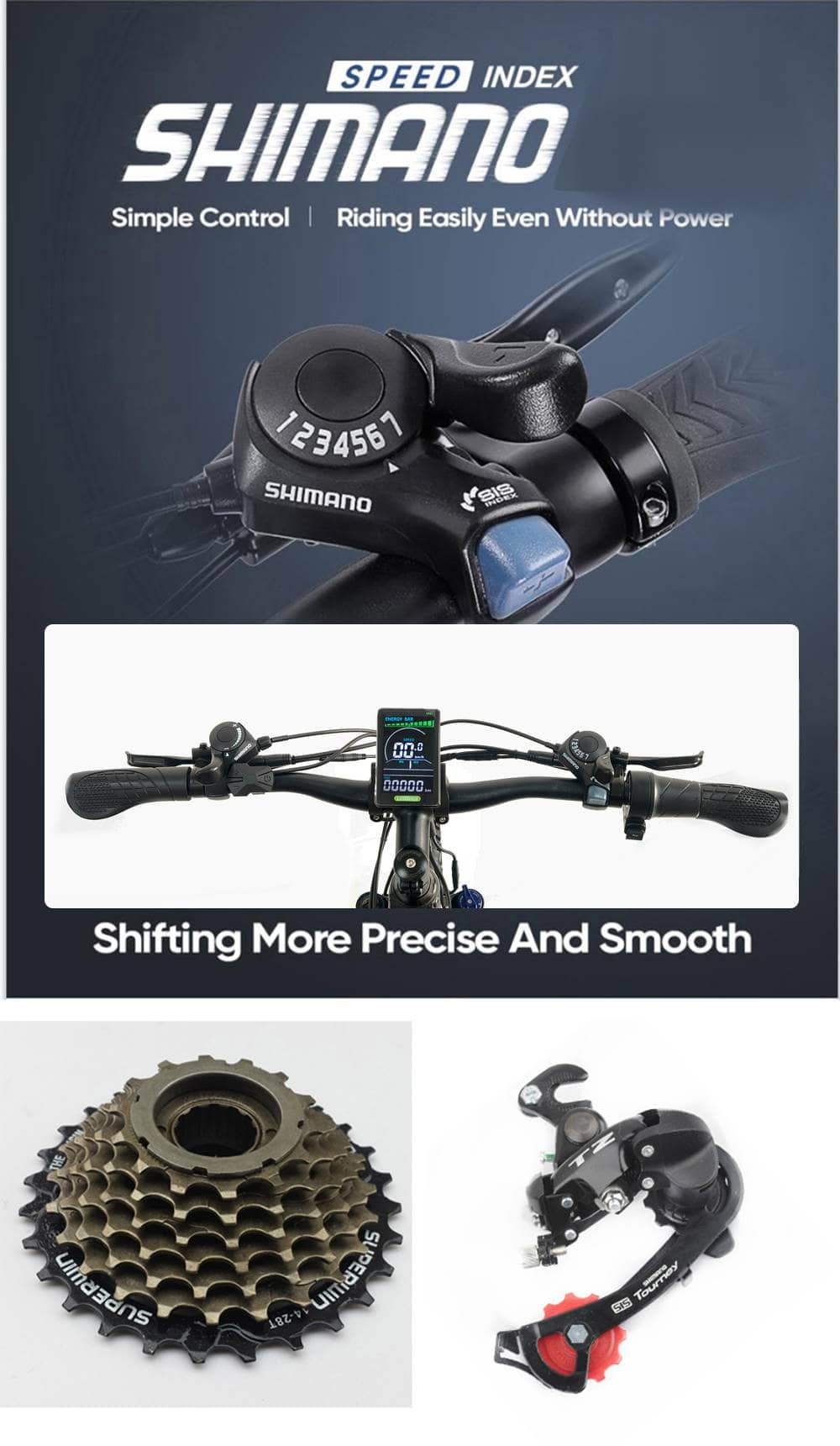 "Shimano Speed Index -järjestelmä, tarkka vaihteensiirto ja helppo hallinta sähköpyörällä ajamiseen ilman tehoa."
