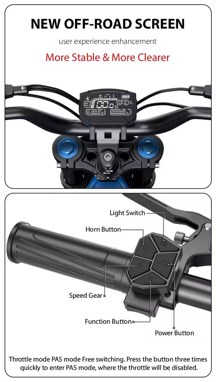 GT73 sähköfatbiken tekniset ominaisuudet – 2000W moottori, hydraulinen jousitus ja leveät renkaat, kaasukahva ja mittaristo