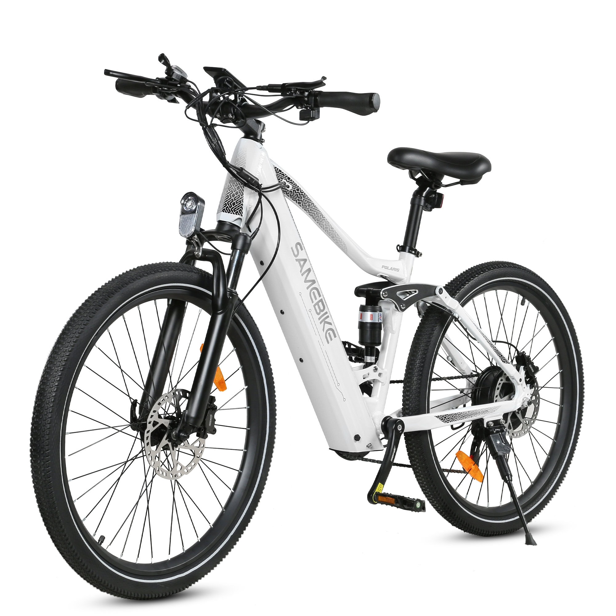 Samebike XD26-2 valkoinen sähkömaastopyörä sivukuvassa – täysjousitus, 26 tuuman renkaat ja integroitu akku.