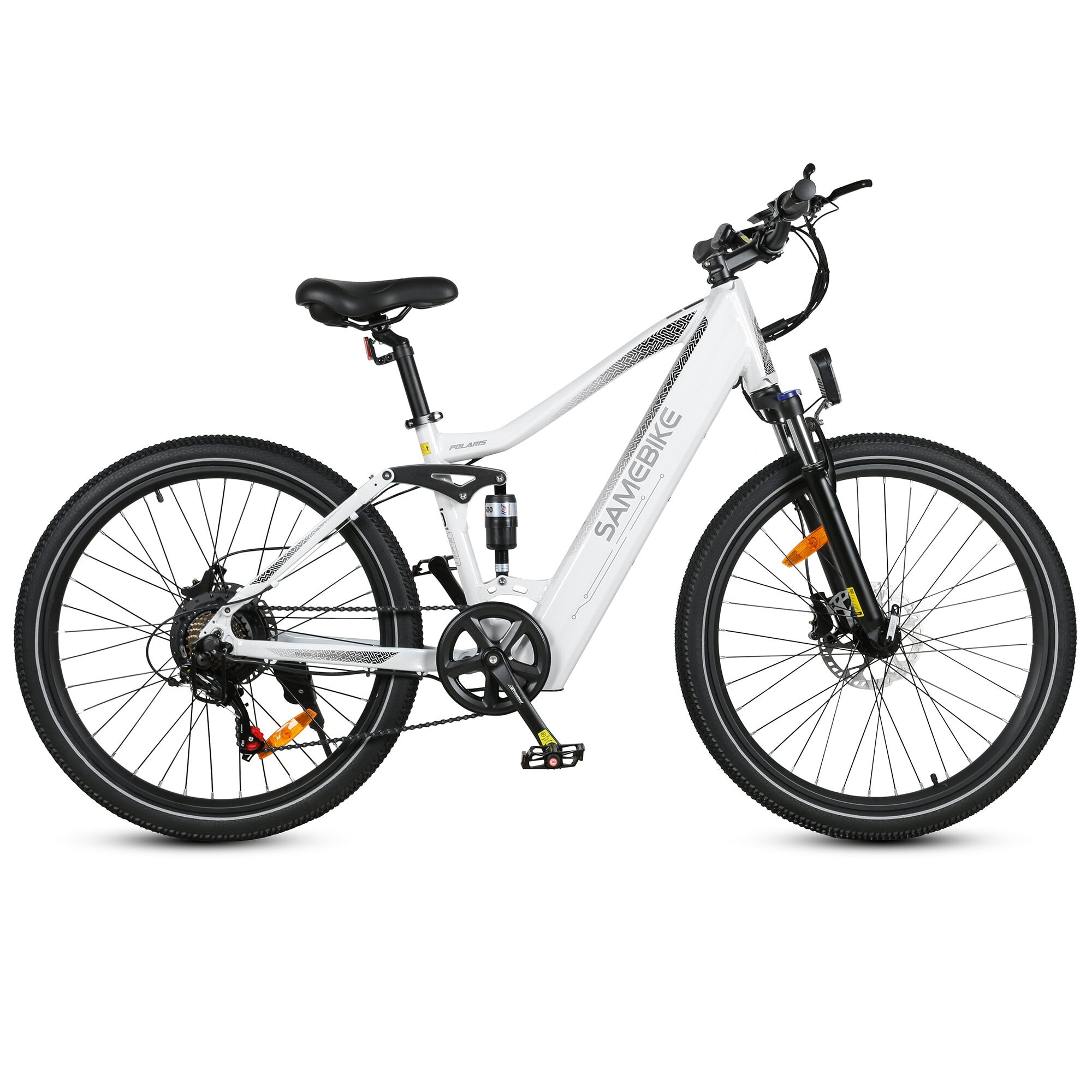 Samebike XD26-2 sähköpyörä valkoisena – takaviistosta kuvattuna, näkyy jousitus ja vaihteisto.