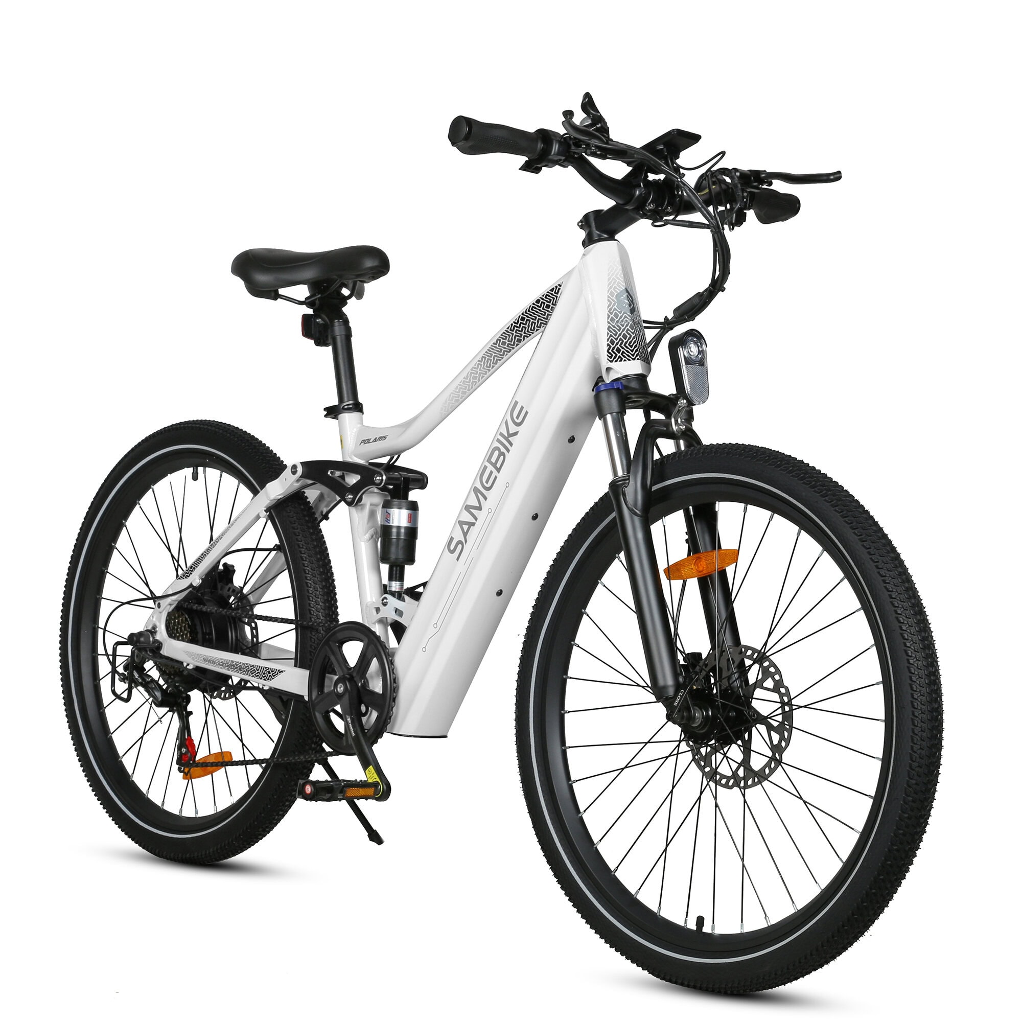 Samebike XD26-2 sähköpyörän valkoinen runko, akku ja takajousitus esiteltynä lähikuvassa.