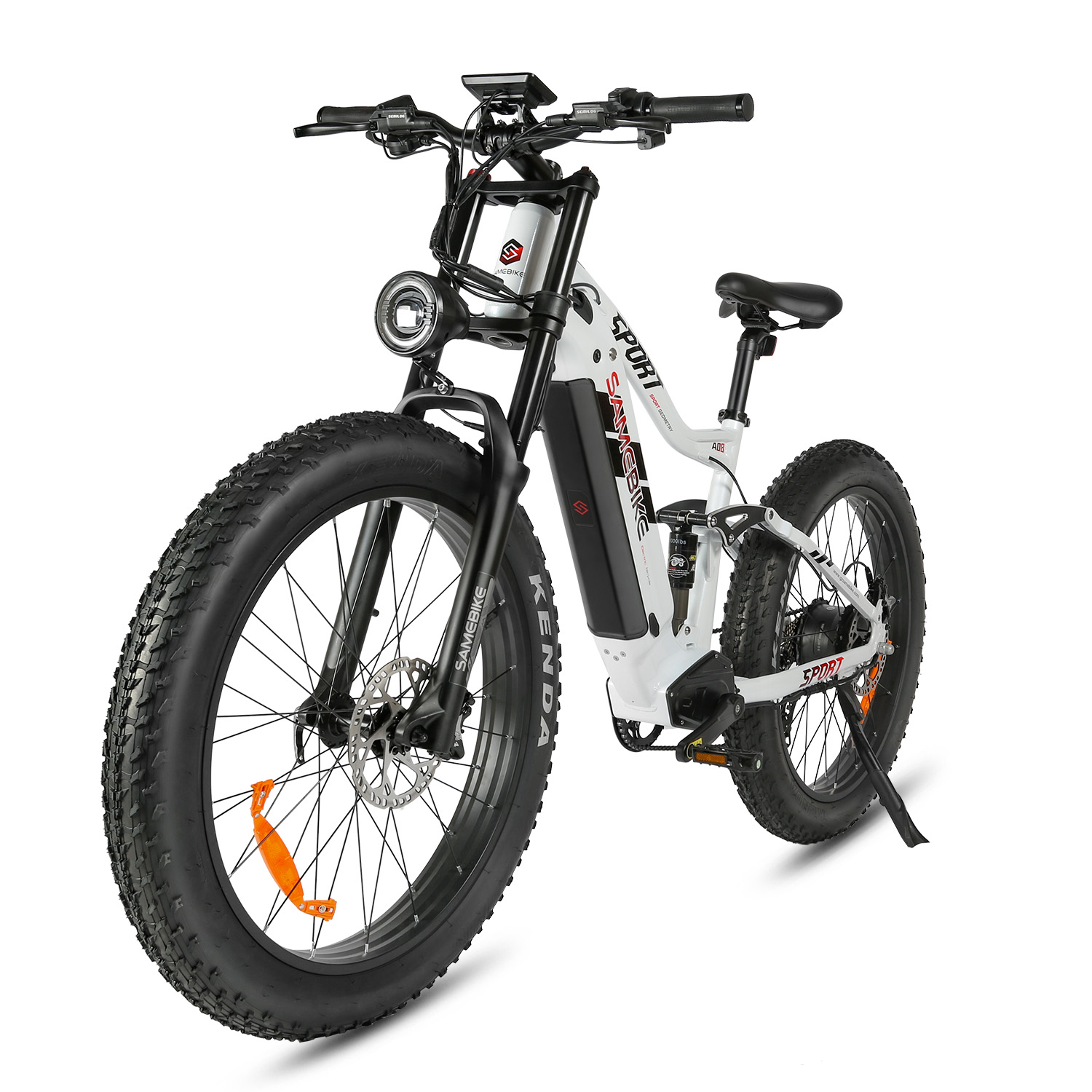 Samebike RS-A08 II sähkömaastopyörän etujousitus ja levyjarru