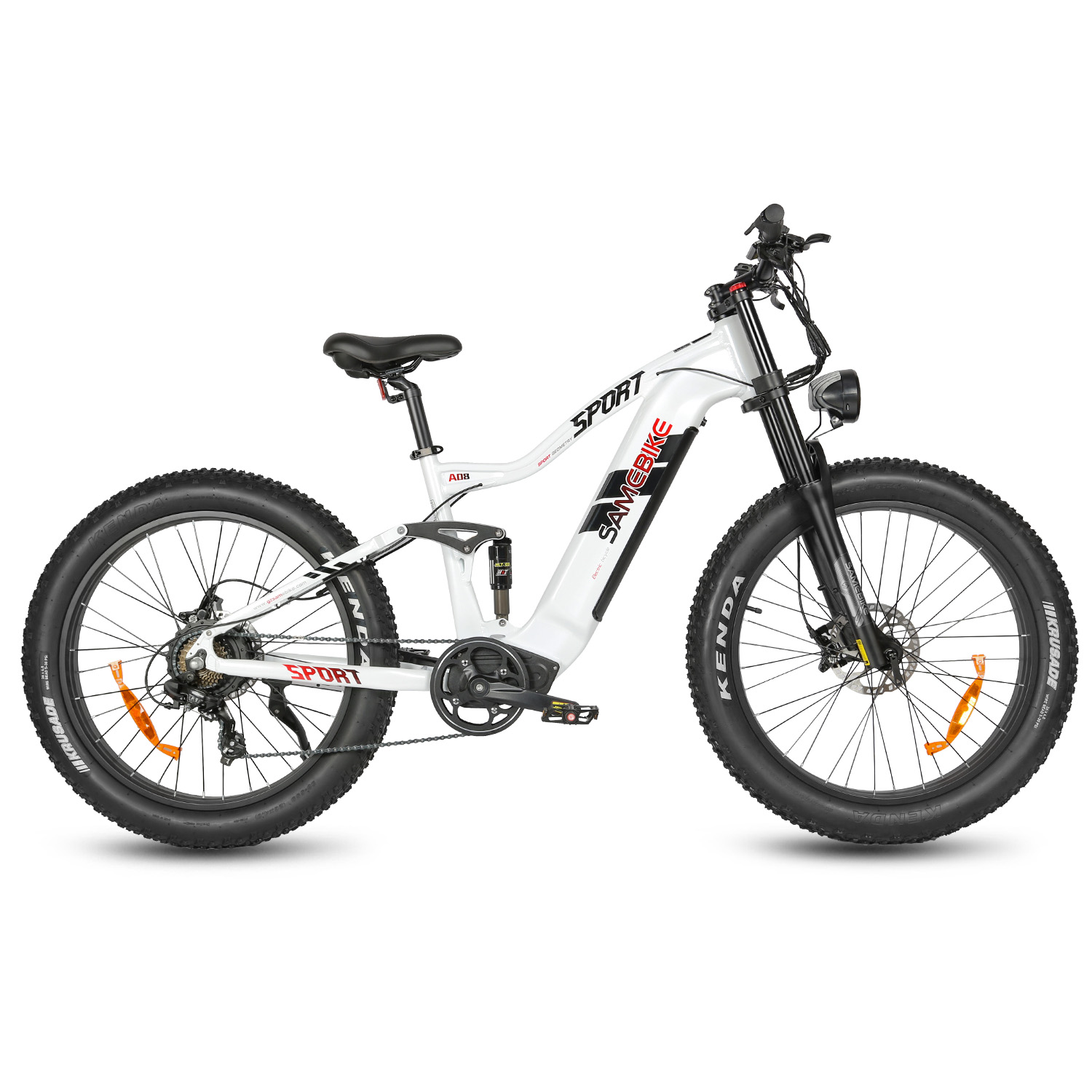 Samebike RS-A08 II sähkömaastopyörä metsäpolulla hiekalla ajossa