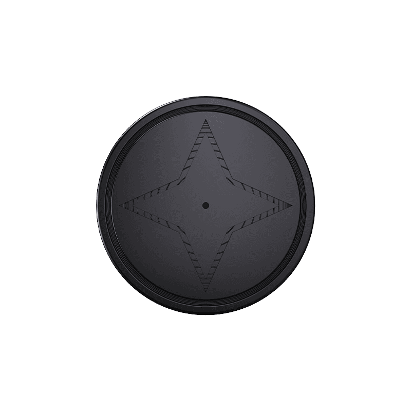 Ohuen ja pyöreän GPS-paikantimen sivuprofiili, korostaa laitteen pientä kokoa ja siroa muotoilua.